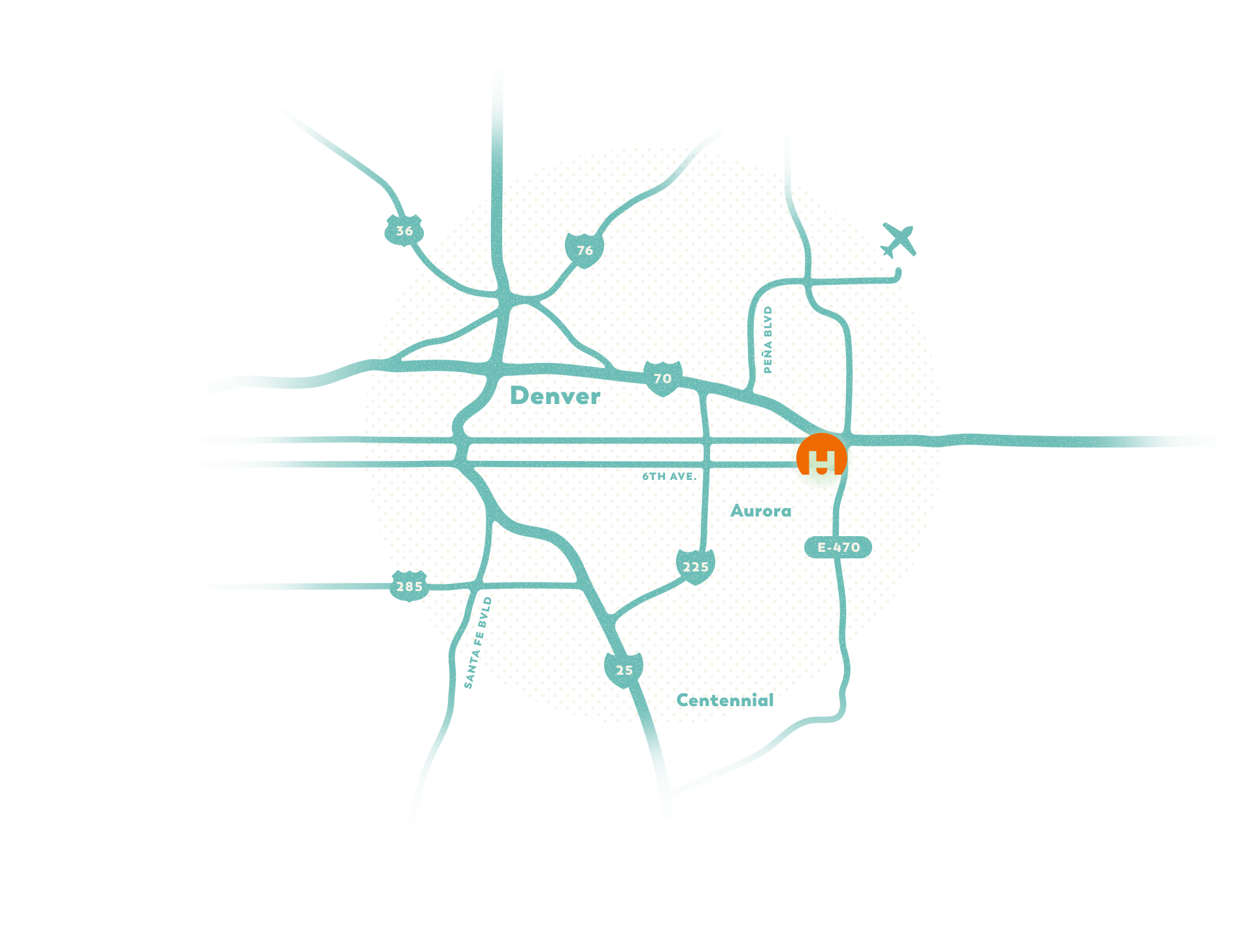 Simplified map showing major highways around Denver, Aurora, and Centennial, with a hospital icon east of Denver and an airplane nearby—ideal for those seeking Horizon Uptown homes for sale or new construction homes in Aurora, CO.