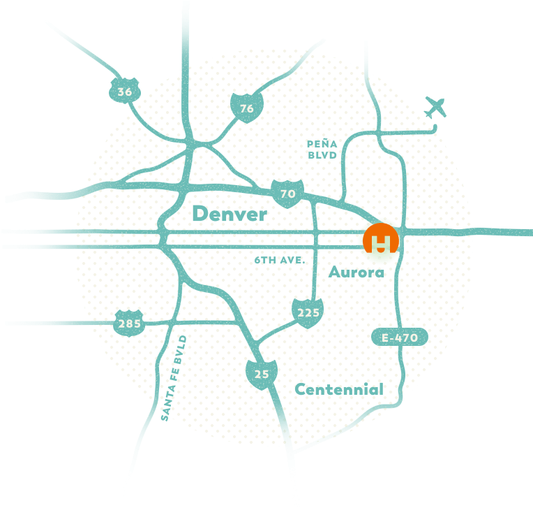 Simple map showing Denver, Aurora, and Centennial in Colorado with major highways and an orange "H" symbol near Horizon Uptown aurora co. An airplane icon is shown northeast of Denver—perfect for finding new construction homes in aurora co.