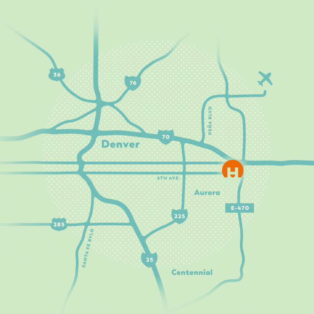 Simplified map showing Denver, Aurora, major highways, and an "H" symbol near E-470 for a hospital east of Denver. Nearby, an airplane marks the airport close to Horizon Uptown Aurora and new home communities in Aurora, CO.