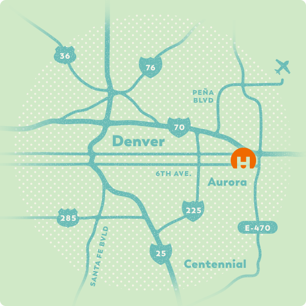Simple map showing Denver, Aurora, and Centennial, Colorado, with major highways and an orange "H" icon near Aurora—perfect for exploring new construction homes in Aurora CO or discovering Horizon Uptown homes for sale.